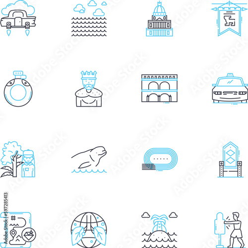 Trek linear icons set. Adventure, Exploration, Mountains, Excitement, Trekking, Hiking, Nature line vector and concept signs. Trail,Wilderness,Terrain outline illustrations Generative AI