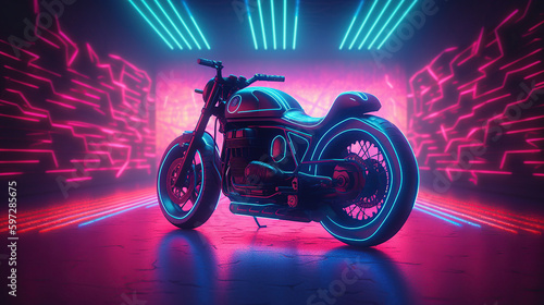 Futuristic motorbike on a vibrant colorful retrowave landscape with a grid pattern in the cyberspace horizontal version - concept art - 3D rendering, generative ai