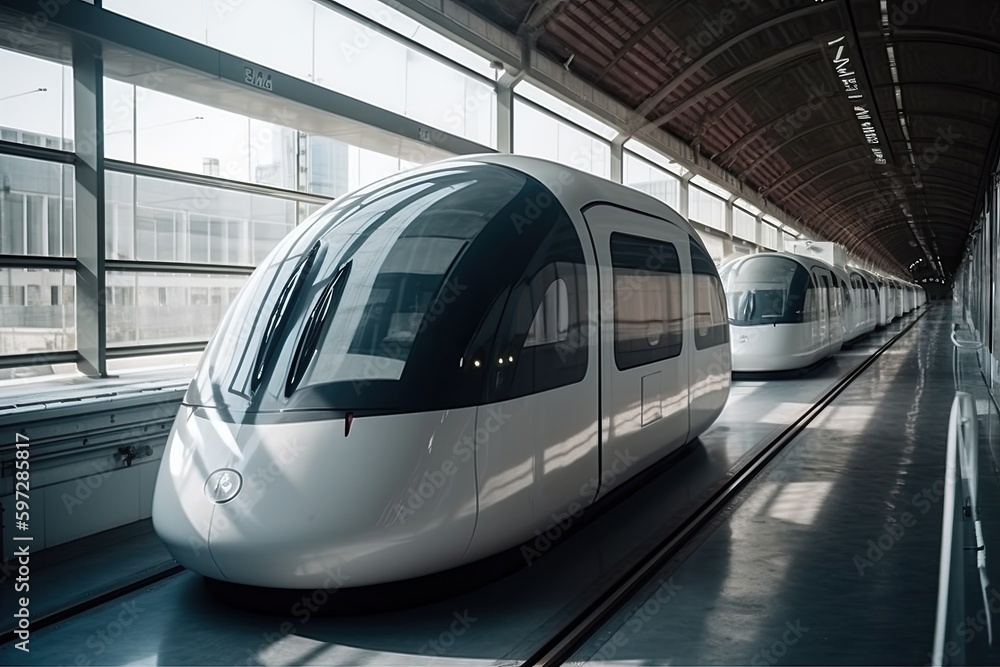 a futuristic white Hyperloop passenger train at the train station by daylight. generative ai a futuristic white Hyperloop passenger train at the train station by daylight. generative ai