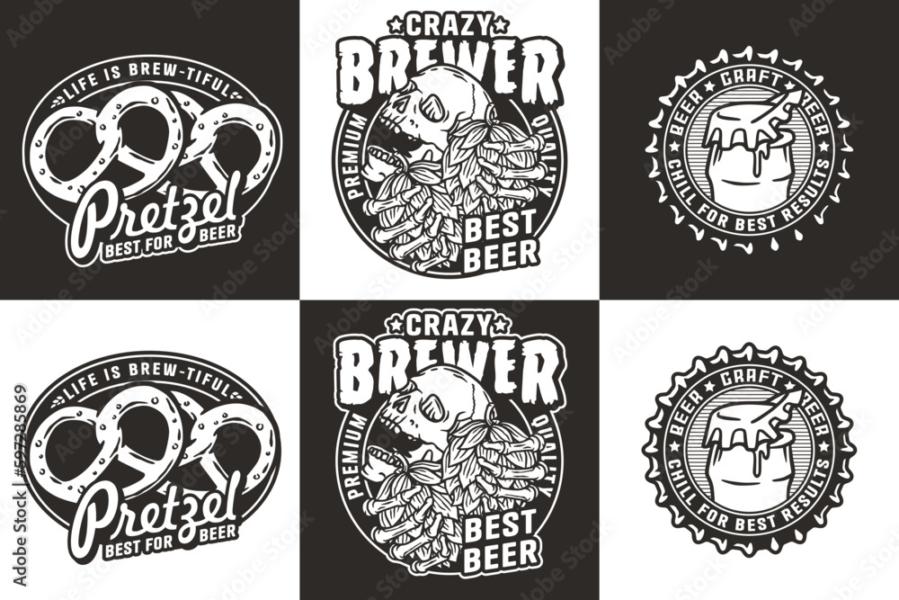 Fototapeta premium Beer set of emblems with skull and hop, bottle cap and pretzel for brewery or bar. Craft beer vector logo for pub and factory