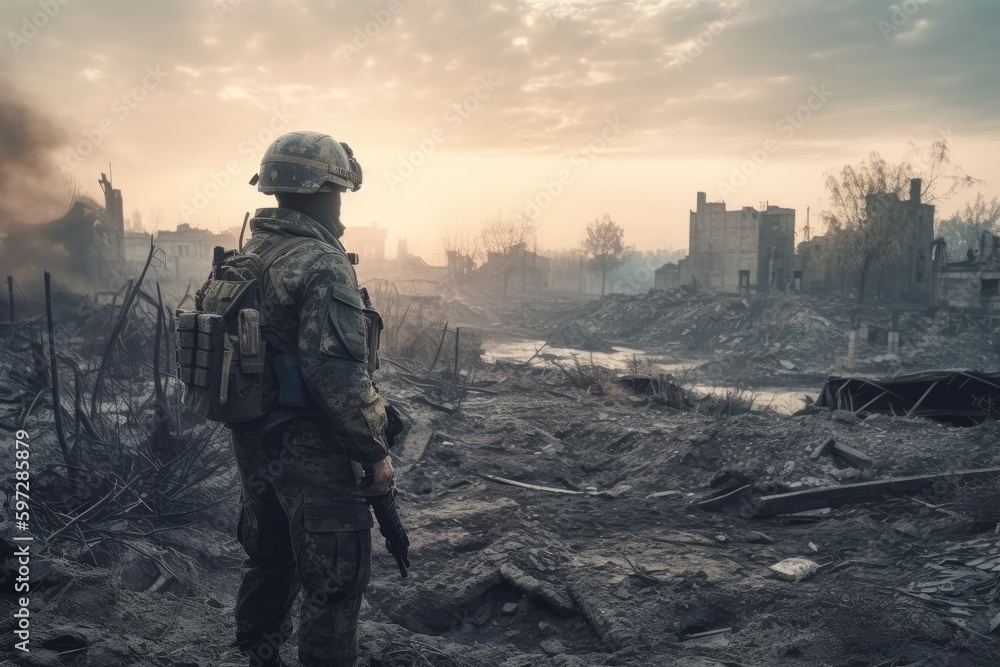 A military soldier stands near a destroyed city. generative ai