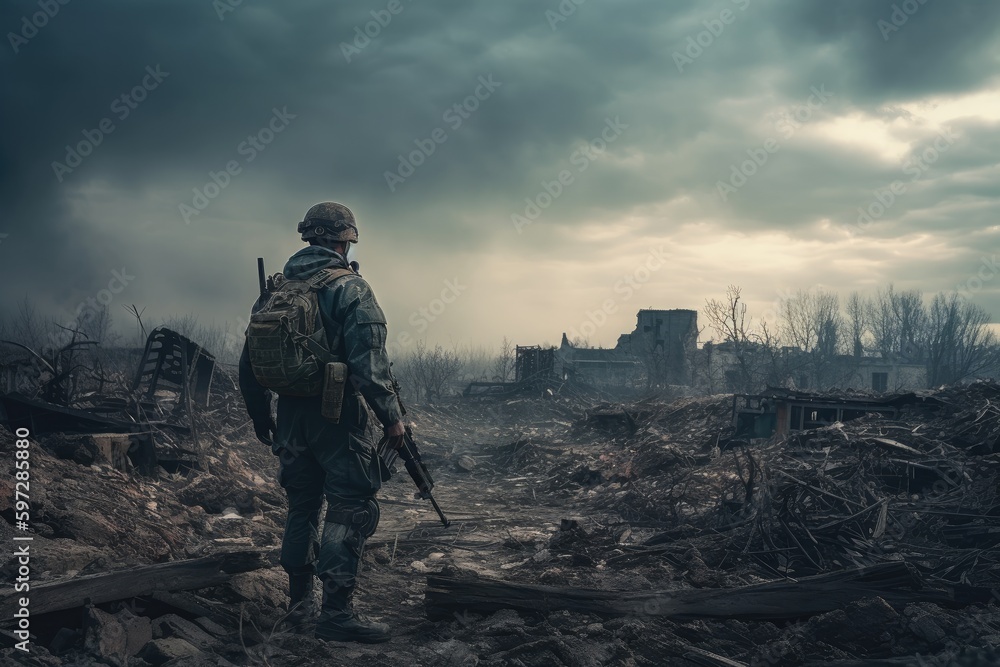 A military soldier stands near a destroyed city. generative ai