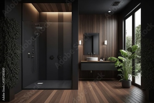 a design bathroom  with a wood floor  black wall  italian shower. generative ai