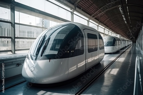 a futuristic white Hyperloop passenger train at the train station by daylight. generative ai
