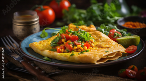 Indian chickpea crepes Pudla served on a plate with tomatoes, lime, cilantro, mash (mung bean) salad, chilli, ginger, bell pepper, generative ai