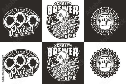 Beer set of emblems with skull and hop, bottle cap and pretzel for brewery or bar. Craft beer vector logo for pub and factory