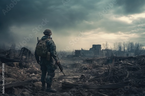 A military soldier stands near a destroyed city. generative ai