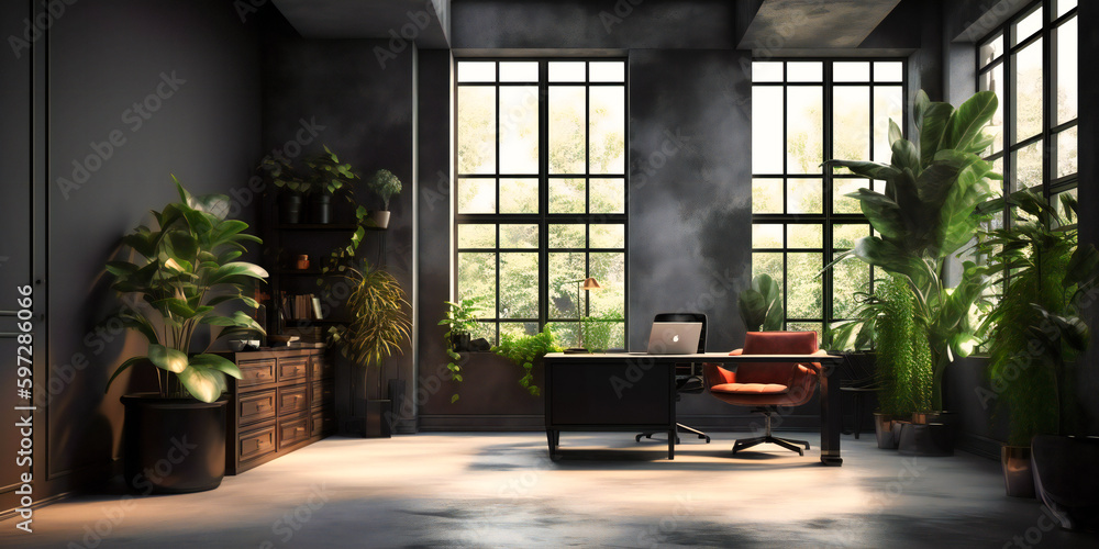 an office with a black wall, plants and big windows Stock Photo Adobe