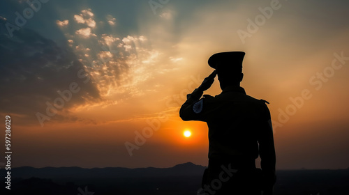 Silhouette of soldier saluting on a background of sunset or the sunrise. Greeting card for Independence day, Republic Day. India celebration, generative ai © coco