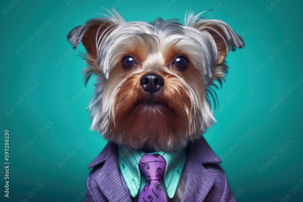 Anthropomorphic Yorkshire terrier dog dressed in a suit like a businessman. Business Concept. AI generated Anthropomorphic Yorkshire terrier dog dressed in a suit like a businessman. Business Concept. AI generated