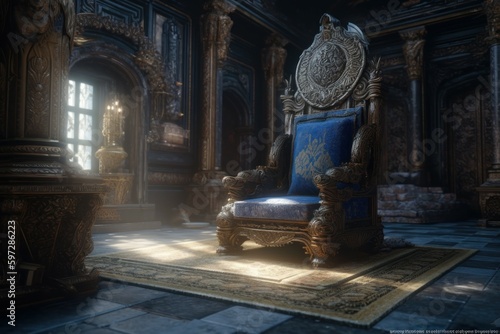 Majestic throne in the castle hall. AI generated  human enhanced
