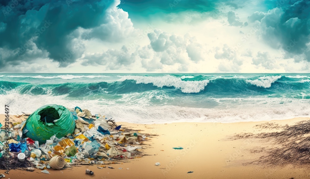 beach full of garbage and plastic waste as wide banner for environmental and recycle concepts. generative ai