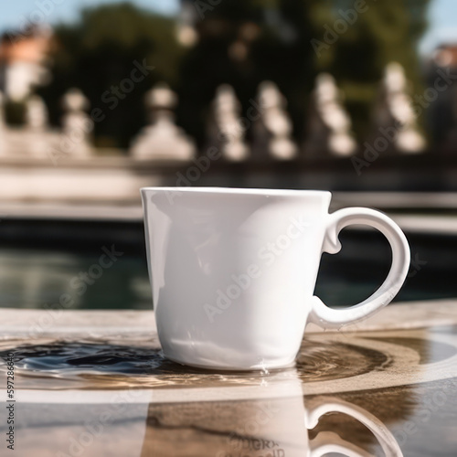 A mockup of a white coffee cup next to a fountain, created with Generative AI 