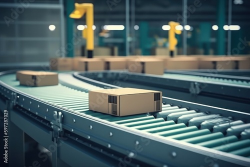 The parcel is on the conveyor belt. Concept of automatic logistics management. AI generated, human enhanced