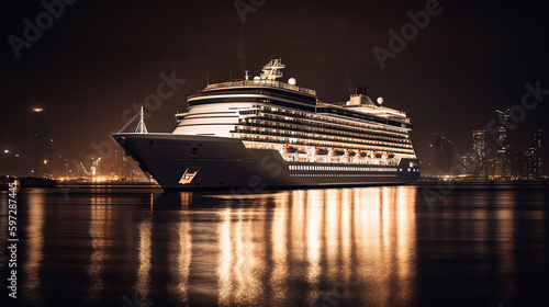 Large ship - big modern cruise liner in the night, generative ai