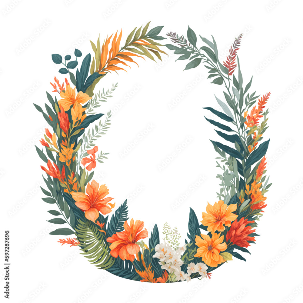 Marco ovalado con flores y plantas