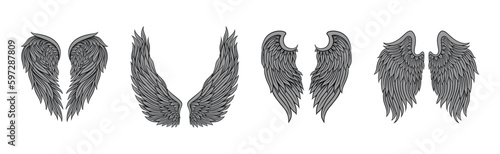 Heraldic Wings with Feathers Isolated on White Background Vector Set