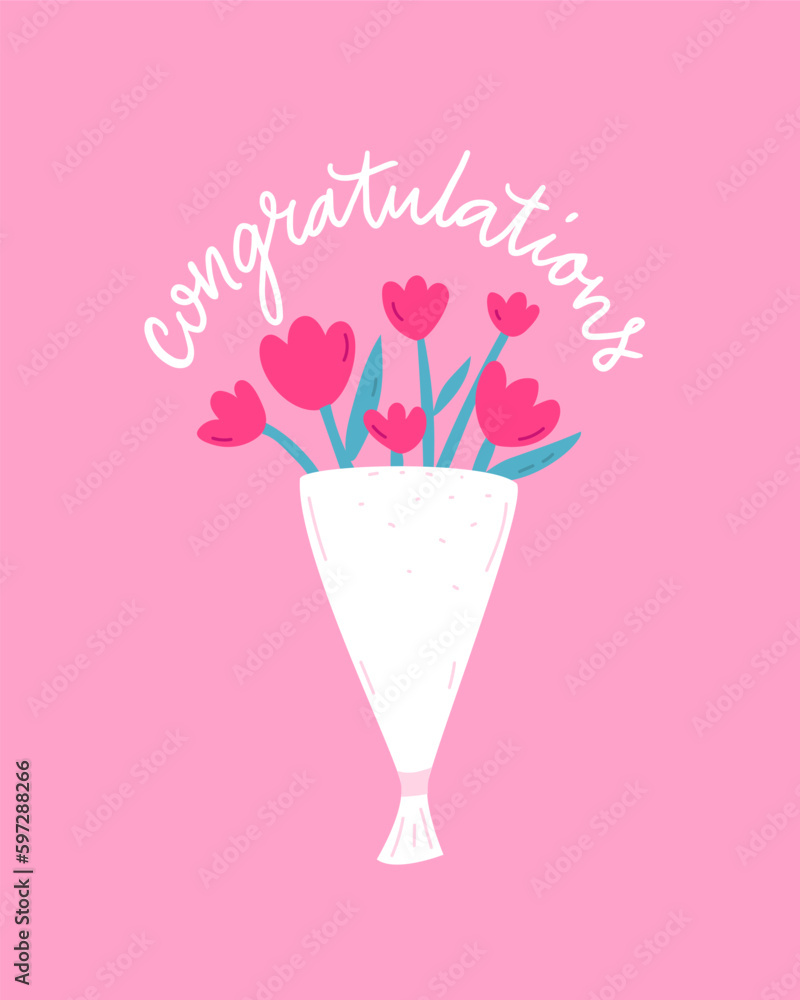 Congratulations flowers greeting card, bouquet illustration with curly handwritten text on pink background. Birthday card design, mothers day art