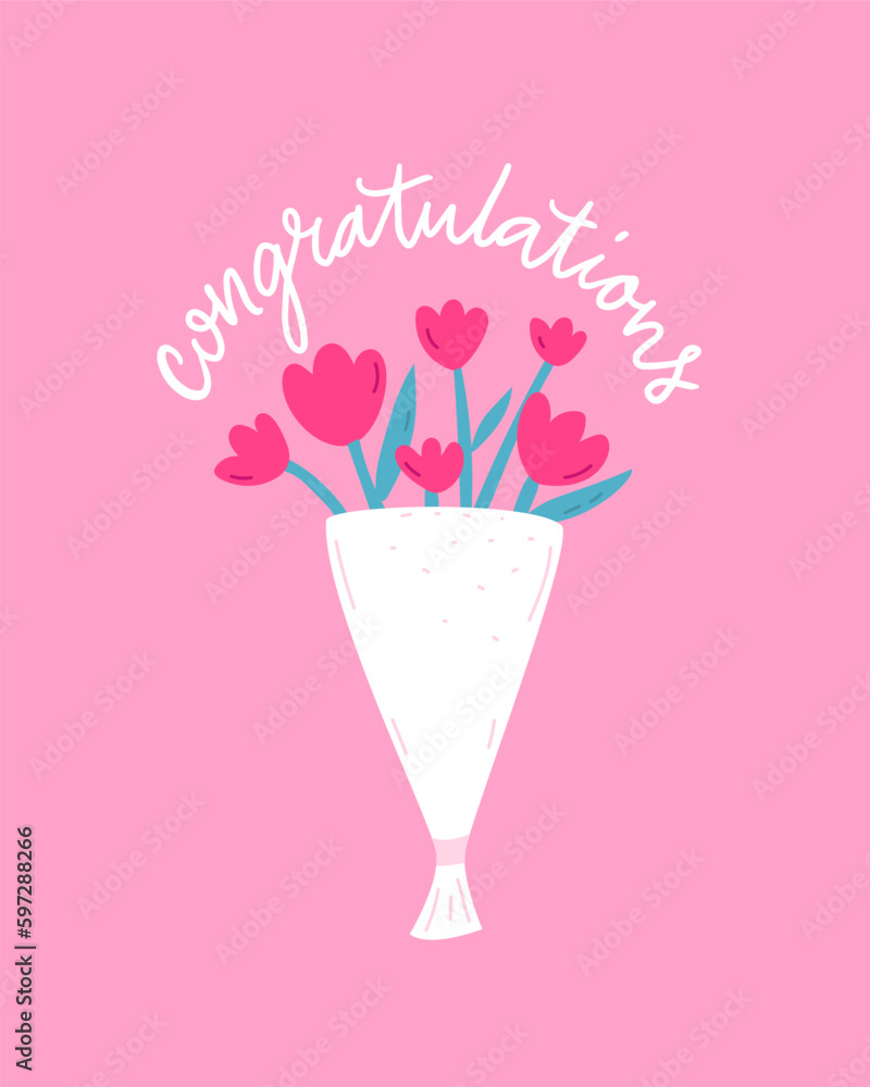 Congratulations flowers greeting card, bouquet illustration with curly handwritten text on pink background. Birthday card design, mothers day art Congratulations flowers greeting card, bouquet illustration with curly handwritten text on pink background. Birthday card design, mothers day art