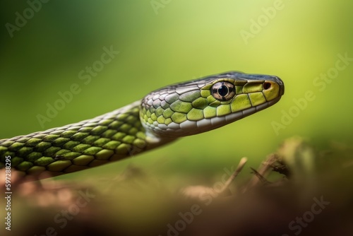 close-up view of a green snake on the forest floor. Generative AI