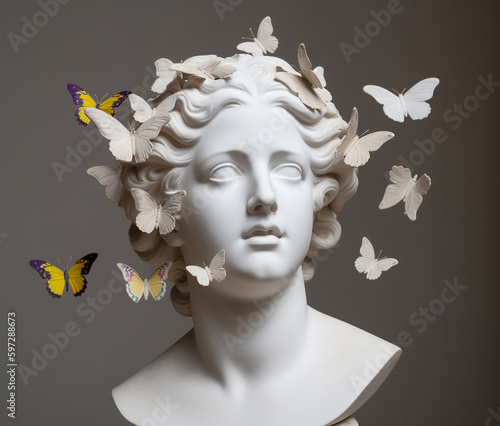 Ancient Greek female sculpture with butterflies. AI generated image.	