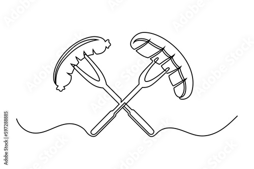 Continuous line drawing bbq sausage and steak isolated on white background. BBQ concept. Vector illustration