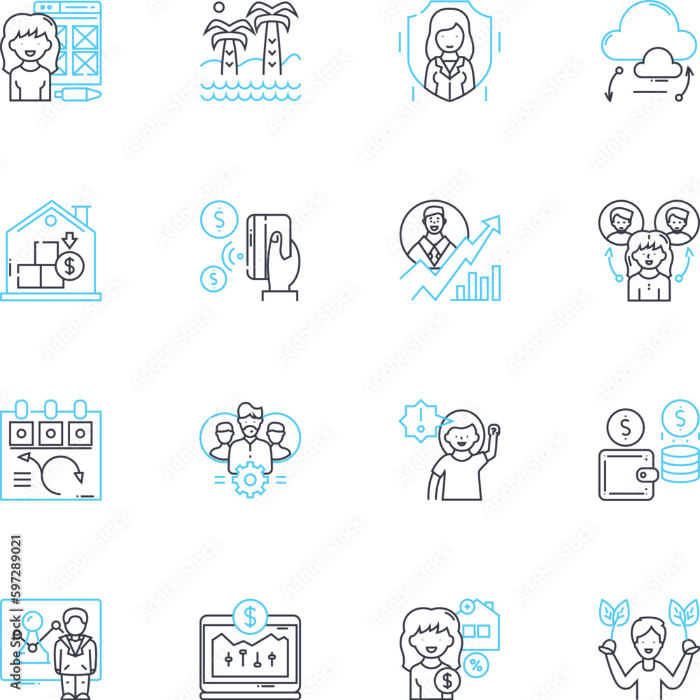 Labor relations linear icons set. Unionization, Collective bargaining, Strikes, Arbitration, Negotiation, Lockout, Picketing line vector and concept signs. Grievance,Jurisdiction,Mediation outline