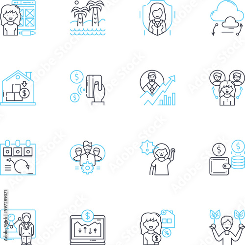 Labor relations linear icons set. Unionization, Collective bargaining, Strikes, Arbitration, Negotiation, Lockout, Picketing line vector and concept signs. Grievance,Jurisdiction,Mediation outline