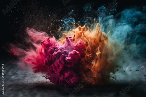 A vibrant Valentine's Day heart made from colorful powder explosion. Generative AI