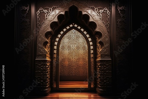 Shiny Islamic door or window arch with copy space. Religious. Generative AI