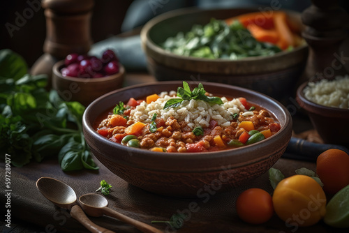 A delicious and filling plant-based chili in a bowl, made with wholesome ingredients.. Generative Ai