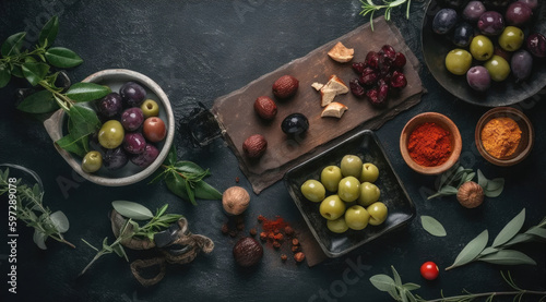 Big Mediterranean Food Hub on Slate Background with Olives and Delicious Delights.