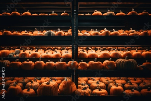 Numerous orange and white pumpkins resting on shelves for Halloween. Generative AI