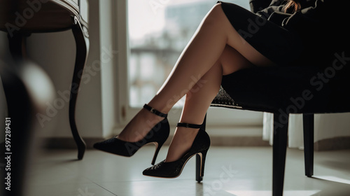 Woman in black heels and sexy legs sitting at home, generative ai