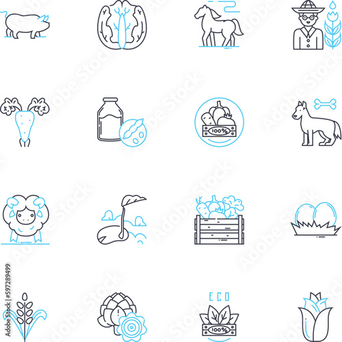 Horticulture linear icons set. Seeds, Soil, Watering, Pruning, Fertilizer, Harvest, Mulch line vector and concept signs. Composting,Irrigation,Landscape outline illustrations