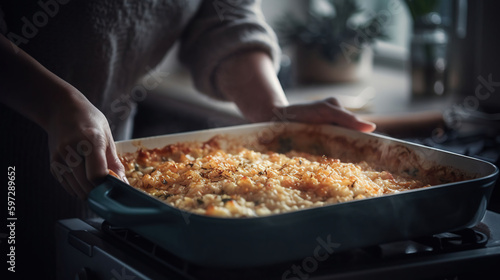 Woman taking baking dish with tasty rice casserole out of oven, generative ai