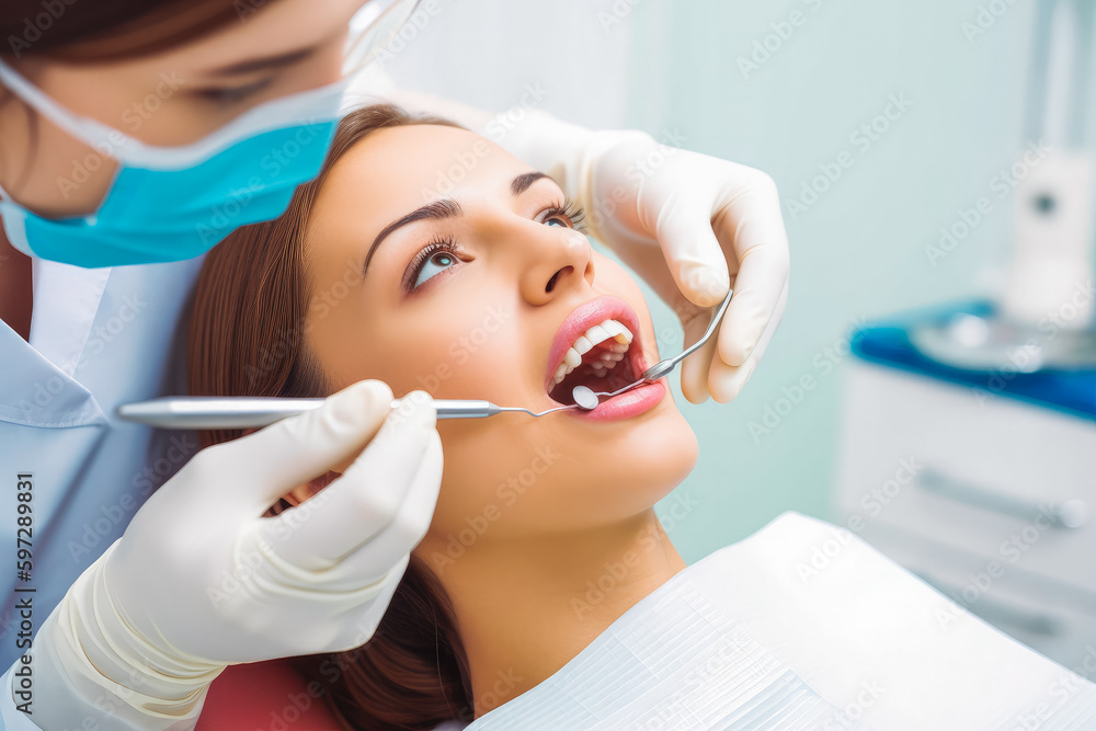 Dental treatment. Close up of female at dentist office, getting check up. Generative AI Dental treatment. Close up of female at dentist office, getting check up. Generative AI