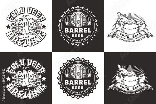 Beer set of designs with skull and metal can with foam splash. Skeleton with can in bone hand and bottle for brewery or bar. Craft beer vector logo or emblem for pub and store