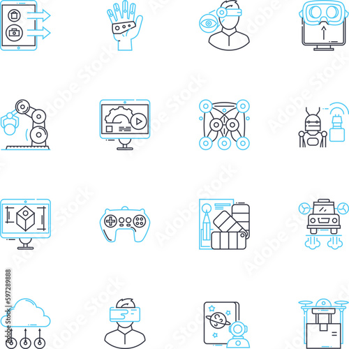 High-Tech linear icons set. Innovation, Automation, Virtuality, Nanotechnology, Augmentation, Robotics, Quantum line vector and concept signs. Future,Immersive,Artificial outline illustrations