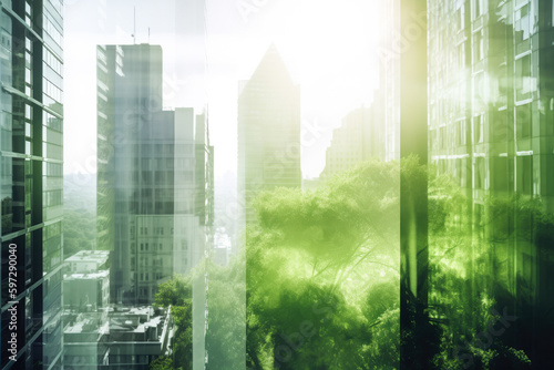 Green city double exposure of lush green forest and city landscape. Futuristic green environment in city. Generative AI