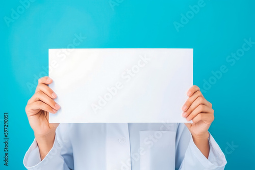 Hands of medical doctor with white paper board on light blue background. Doctor with whiteboard in white labcoat. Generative AI