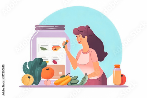 Healthy meal planning with daily food ingredient list. Dietitian writing meal plan illustration. Generative AI
