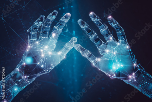 Human and robot hands reaching out network. Double exposure of human robot connection concept. Generative AI