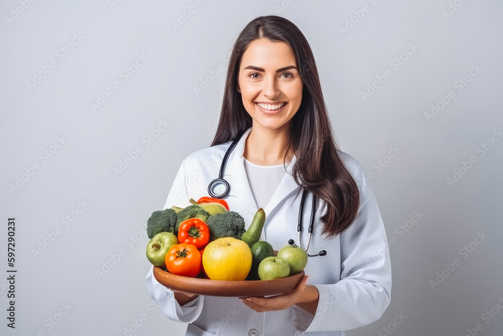 Beautiful nutritionist smiling at camera. Female nutritionist with fruit and vegetables on table. Generative AI - obrazy, fototapety, plakaty 