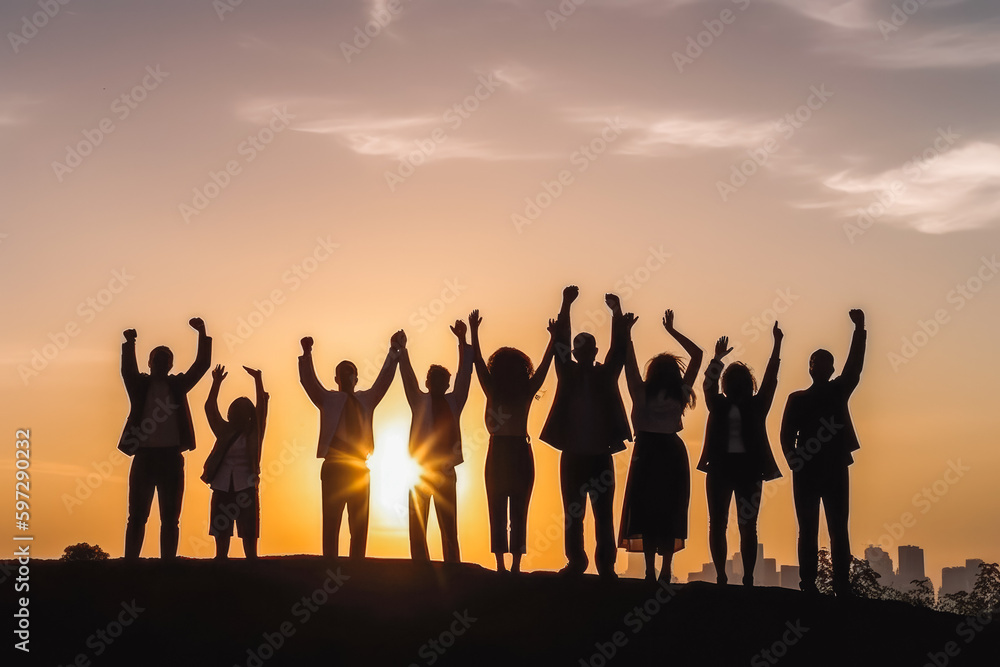 Silhouette of group of happy business team with hands high in the air, making celebratory gesture. Generative AI
