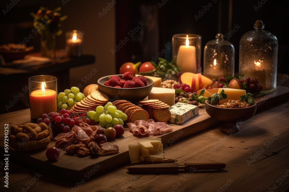 Tantalizing shot of artisanal charcuterie board on wooden table, topped with variety of meats, cheese, fruits, nuts, bread, and crackers. Candles in background add to ambience. Generative Ai