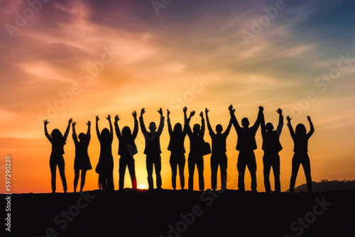 Silhouette of group of happy business team with hands high in the air, making celebratory gesture. Generative AI