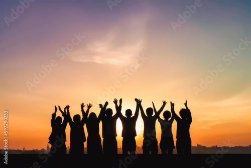 Silhouette of group of happy business team with hands high in the air, making celebratory gesture. Generative AI