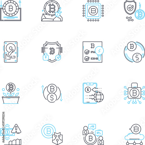 Fintech startups linear icons set. Digital, Innovation, Disruption, Blockchain, Payment, Cryptocurrency, Financial line vector and concept signs. Investment,Mobile,Analytics outline illustrations