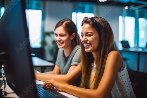 Side view of two young women working on software. Female co-workers sitting behind computer, working on a project. Generative AI © VisualProduction